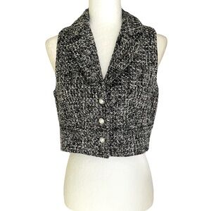 NWT Joie Black White Tweed Pearl Button Collared Cropped Vest Top - 8